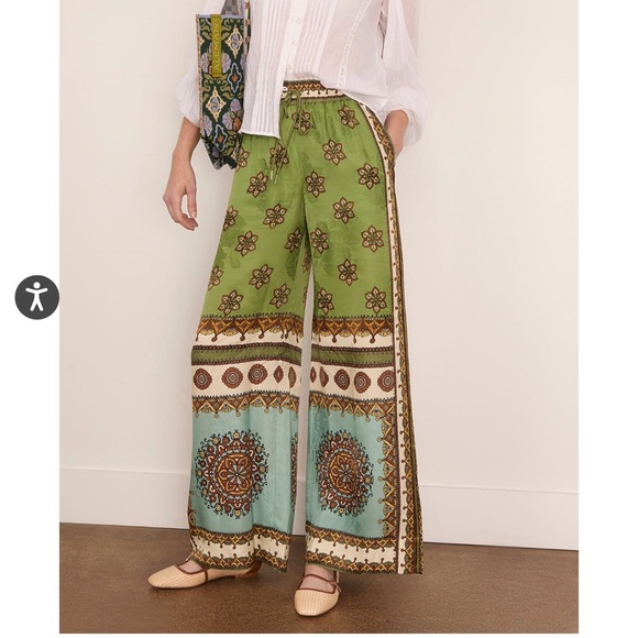 Alemais Pants - Alemais Olive and Aqua Patterned Wide Leg Pants